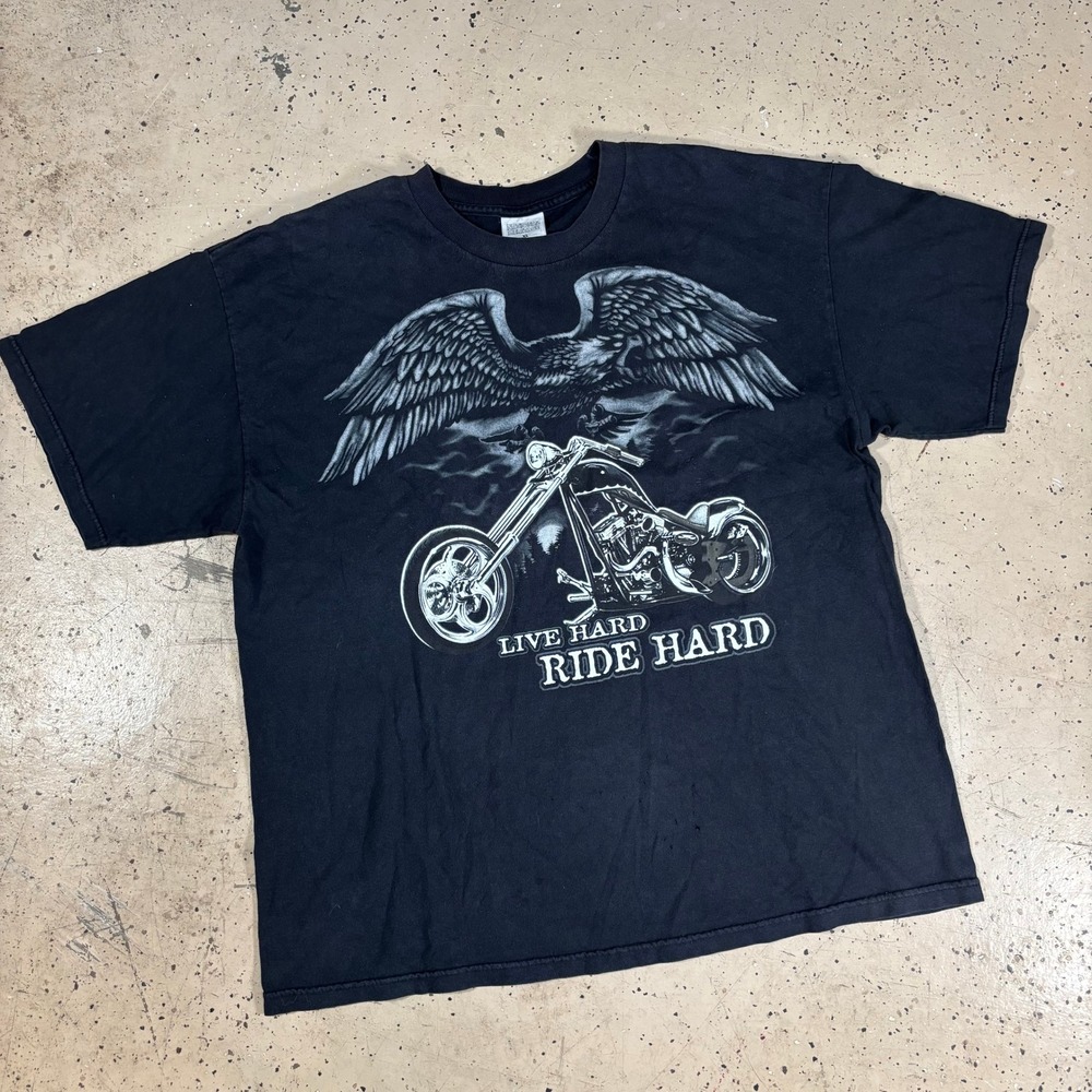 Y2K Grunge Black National Heritage Live Hard Ride Hard Biker T-Shirt Size‎ XL